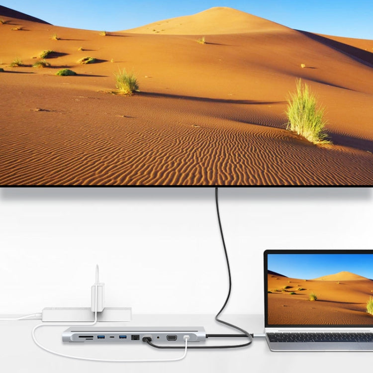 11 in 1 RJ45 + 87W PD + SD/TF + USBx3+ HDMI + VGA + 3.5mm AUX to Type-C HUB Adapter, 11 in 1