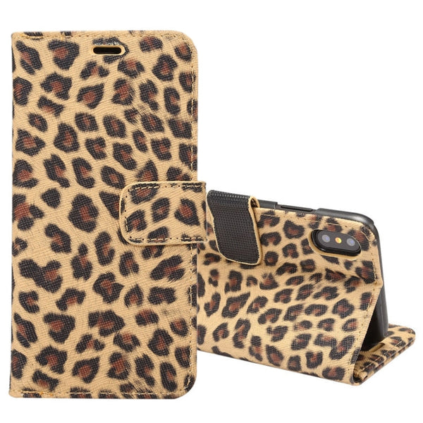 For iPhone X Leopard Pattern PU + PC Horizontal Flip Leather Protective Case with Holder & Card Slots