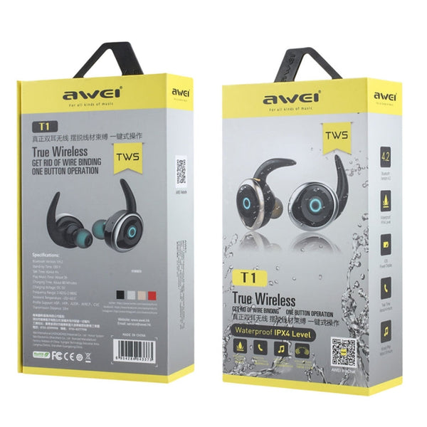 AWEI T1 Sports Headset IPX4 Waterproof Wireless Bluetooth V4.2 Stereo Earphone, Support TWS