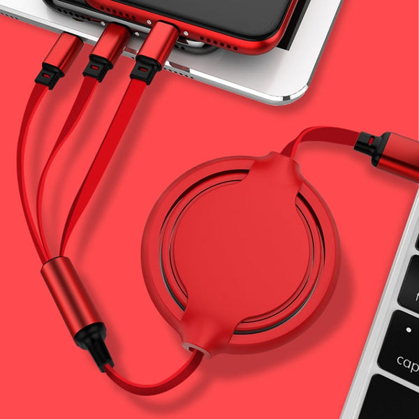 3.5A Liquid Silicone 3 in 1 USB to USB-C / Type-C + 8Pin + Micro USB Retractable Data Syn Charging Cable