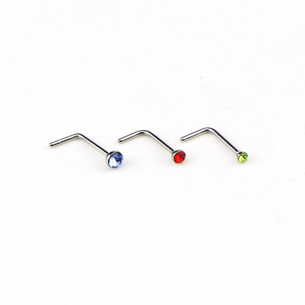 60 PCS Color Mixed Diamond Shape Stainless Steel Nose Stud Rings L Shaped Piercing Jewelry,Pin Length: 7mm, pin diameter: 0.6mm (Color)