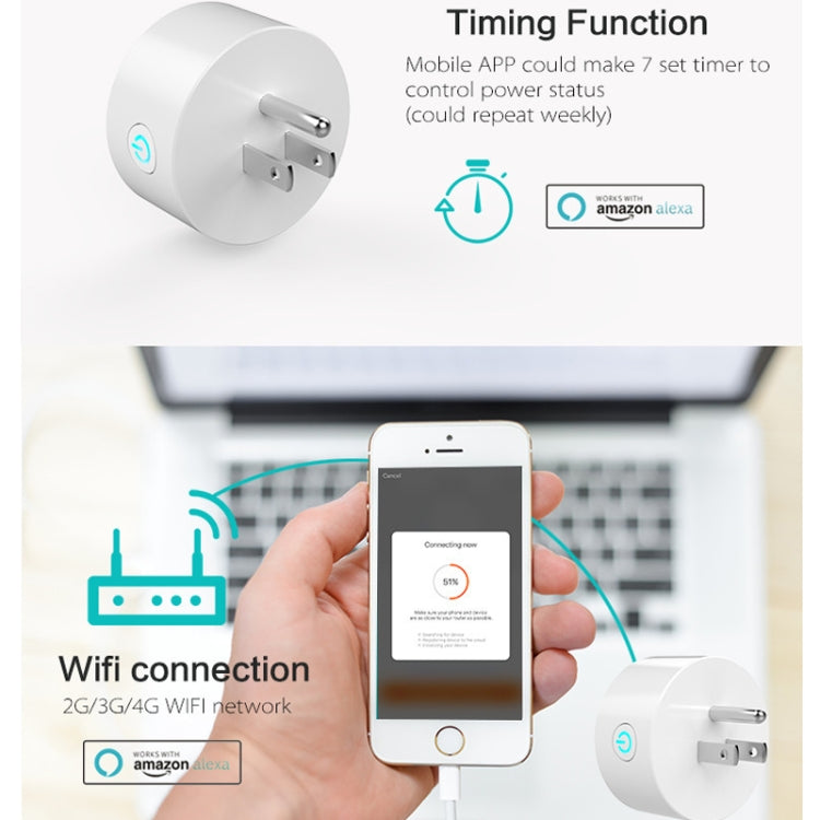 10A Round Shape WiFi Mini Plug APP Remote Control Timing Smart Socket Works with Alexa & Google Home, AC 100-240V, US Plug, 10A US Plug(Round Shape)
