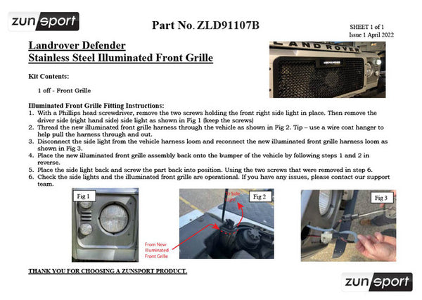 Zunsport Front Bumper Stainless Wire Mesh Black Grille - Landrover Defender Stainless Steel Illuminated Front Grille - Front Grille Set - Part Number: ZLD91107B Black Finish