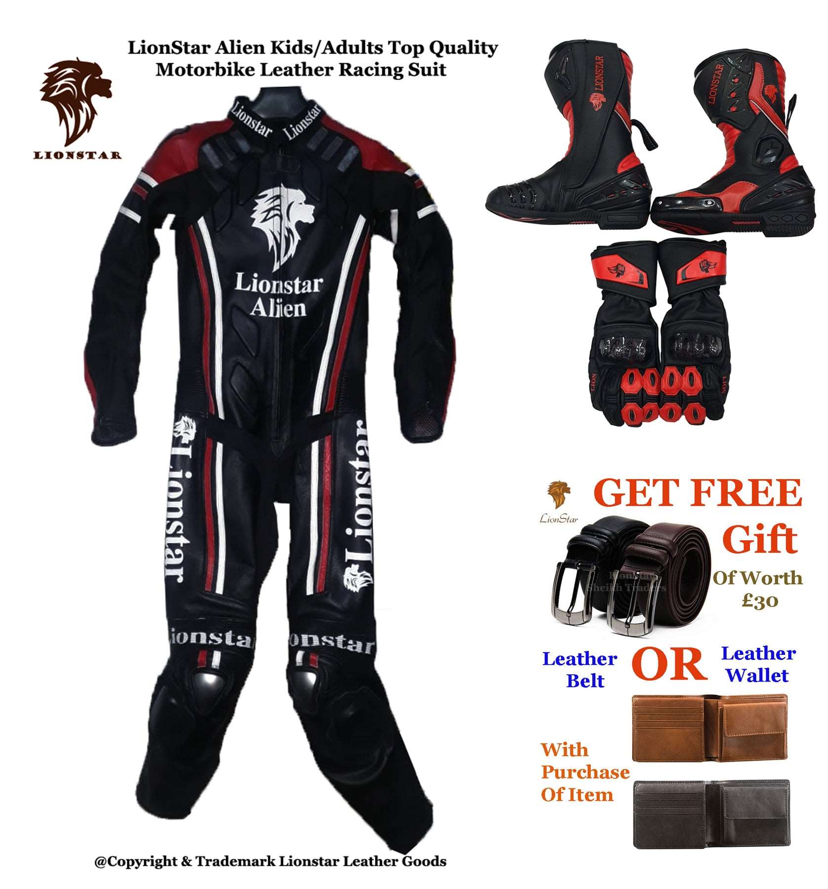 Lionstar Yak Alien Unisex Kids/Adult Real Leather Motorcycle Motorbike Racing Suit /Full Set