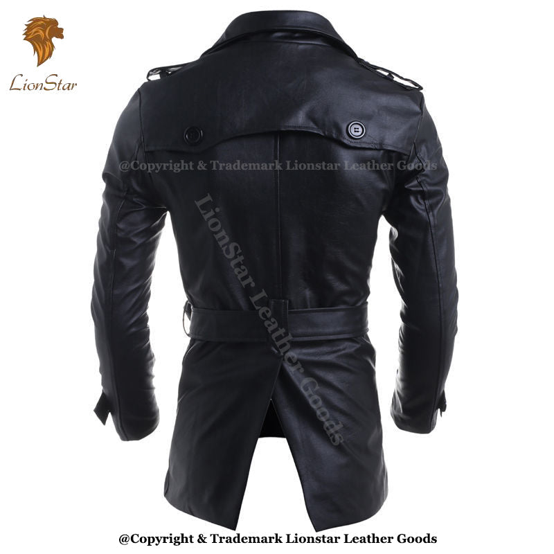 Men's Double-Breasted Black Cowhide Leather Pea Coat (3/4 Length)