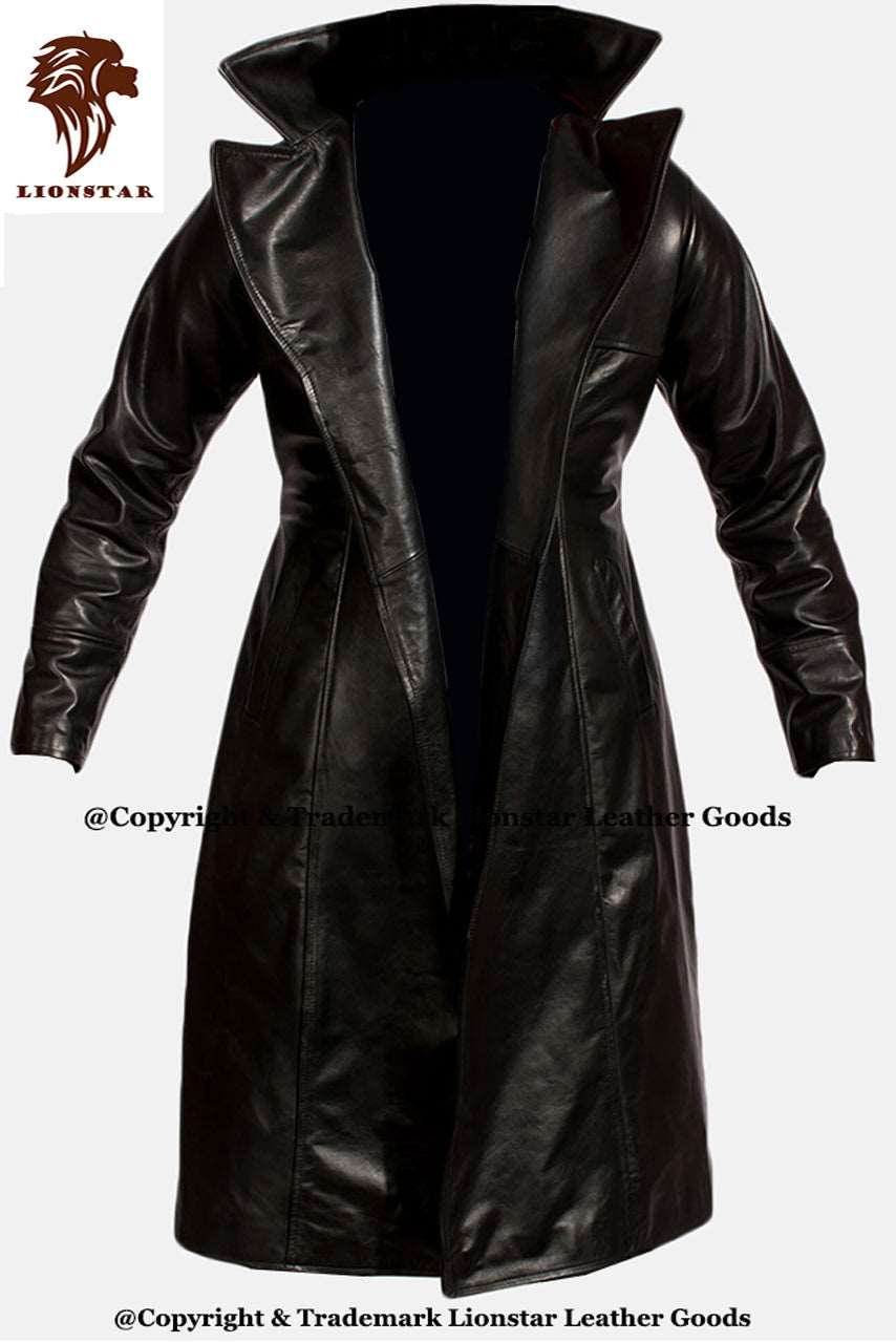 Men's Gothic Dracula Cowhide Leather Trench Coat (3/4 Length)