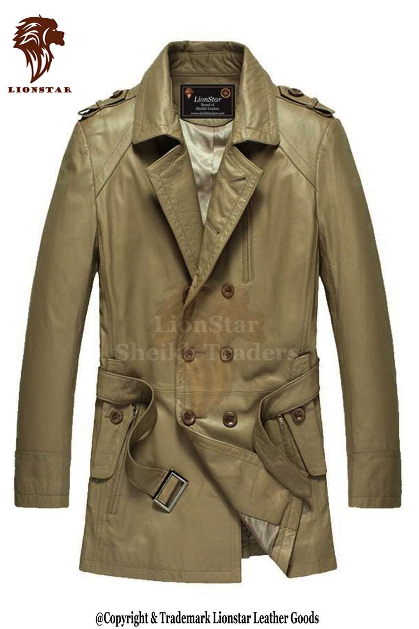 LionStar Formal Men Real Leather Double Breasted Long Coat