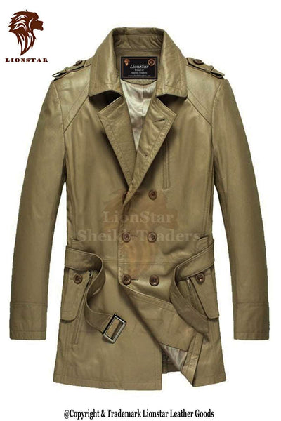 LionStar Formal Men Real Leather Double Breasted Long Coat