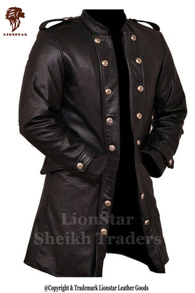 Men's Black Cowhide Leather Victorian Trench Coat (3/4 Length)