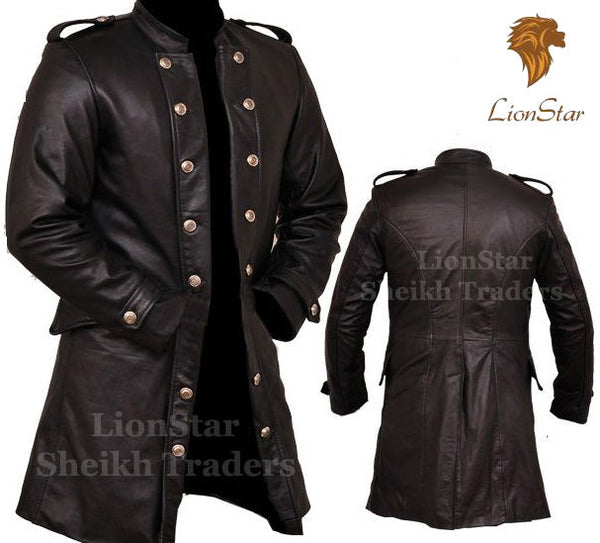 Men's Black Cowhide Leather Victorian Trench Coat (3/4 Length)