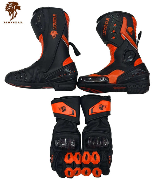 Kids & Adults Cowhide Racing Boots & Gloves Set w/ CE Armor (10 Colors)