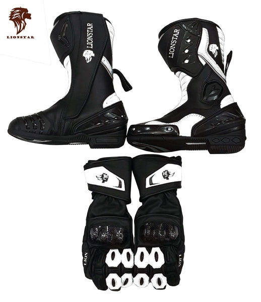 Kids & Adults Cowhide Racing Boots & Gloves Set w/ CE Armor (10 Colors)