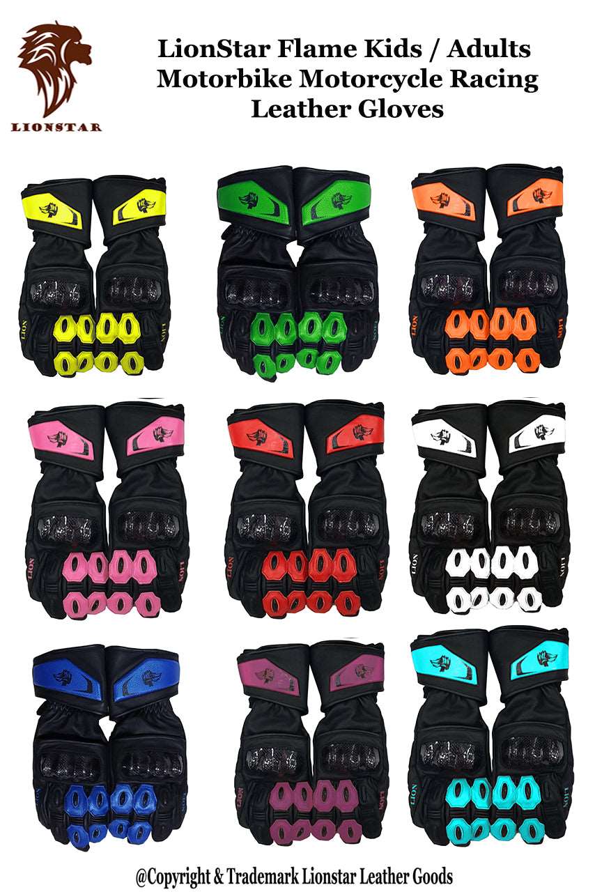 Kids & Adults Cowhide Leather Racing Motorcycle Gloves (CE Armor, 10 Colors)