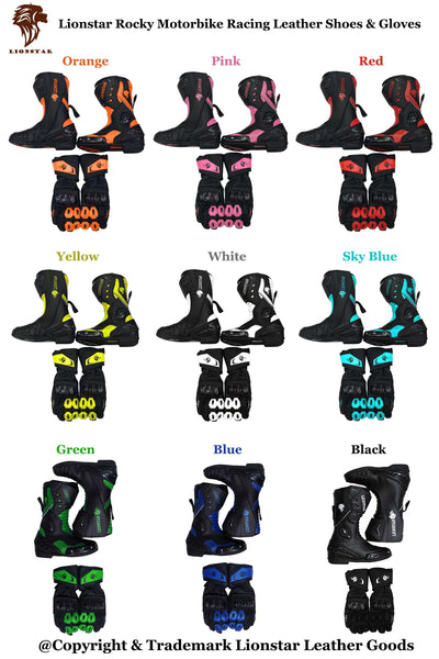 Kids & Adults Cowhide Racing Boots & Gloves Set w/ CE Armor (10 Colors)