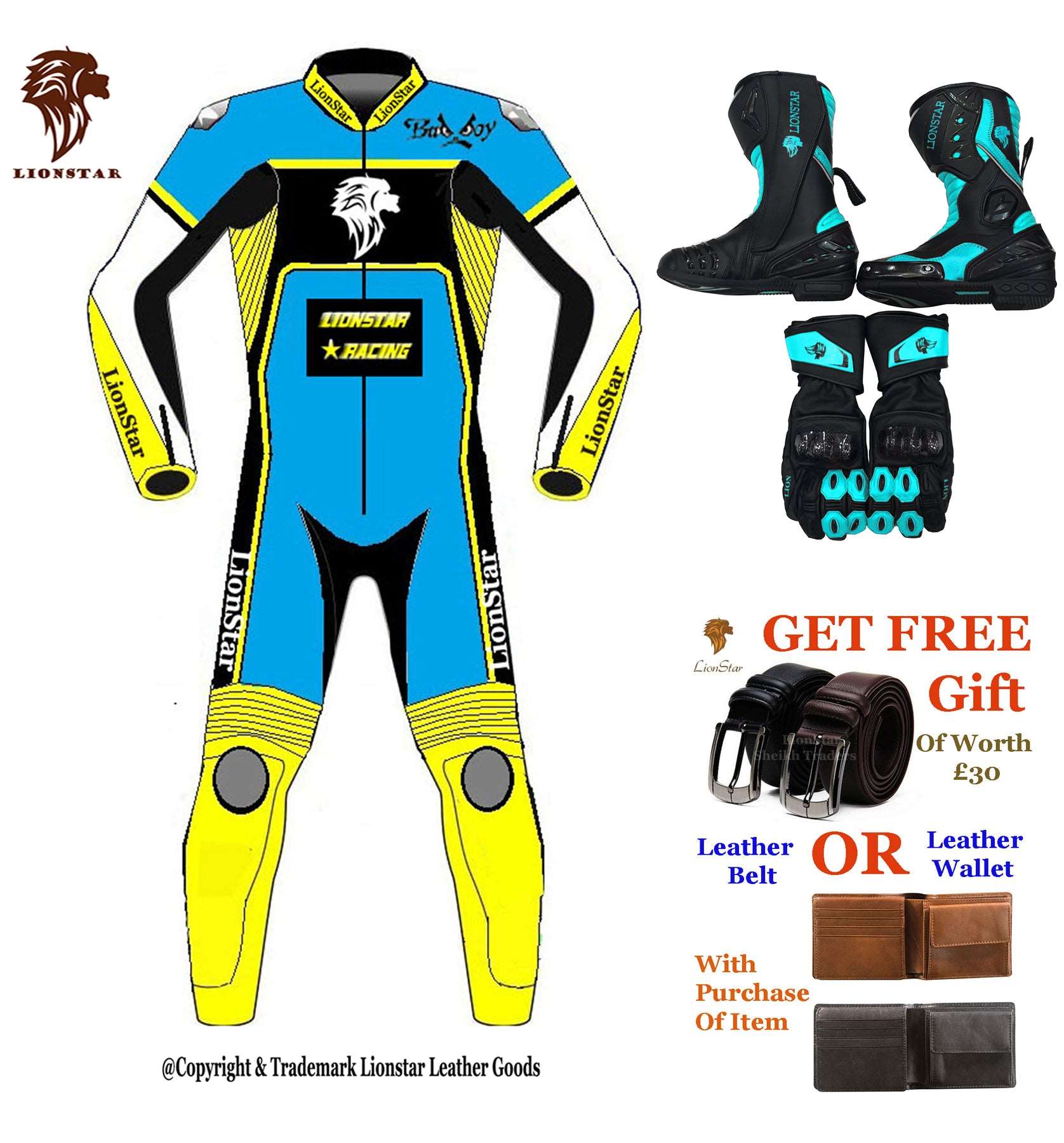 Lionstar Sky Kids & Adults Full Leather Racing Suit Set: CE Armor