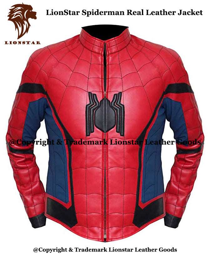 Men's Spider-Man Red & Blue Sheepskin Leather Biker Jacket