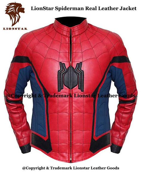 Men's Spider-Man Red & Blue Sheepskin Leather Biker Jacket
