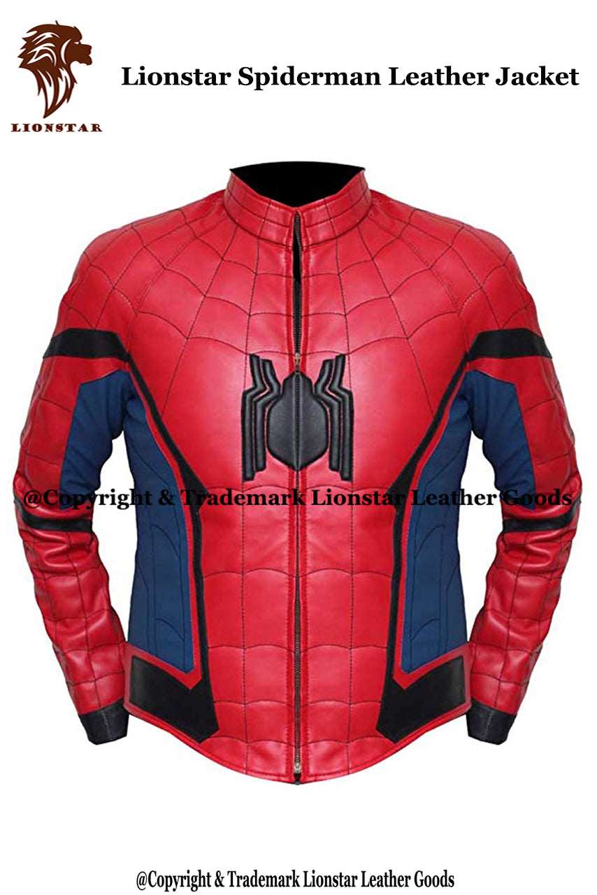 Men's Spider-Man Red & Blue Sheepskin Leather Biker Jacket
