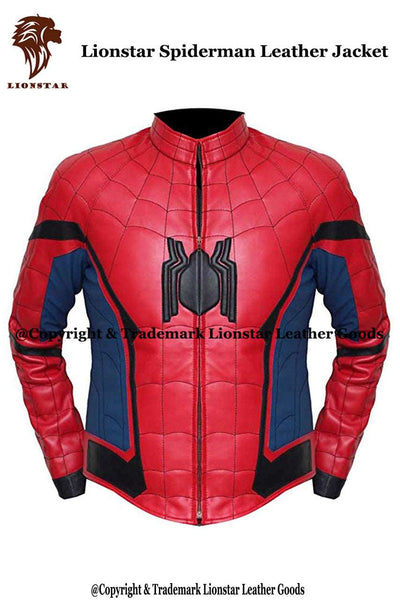 Men's Spider-Man Red & Blue Sheepskin Leather Biker Jacket
