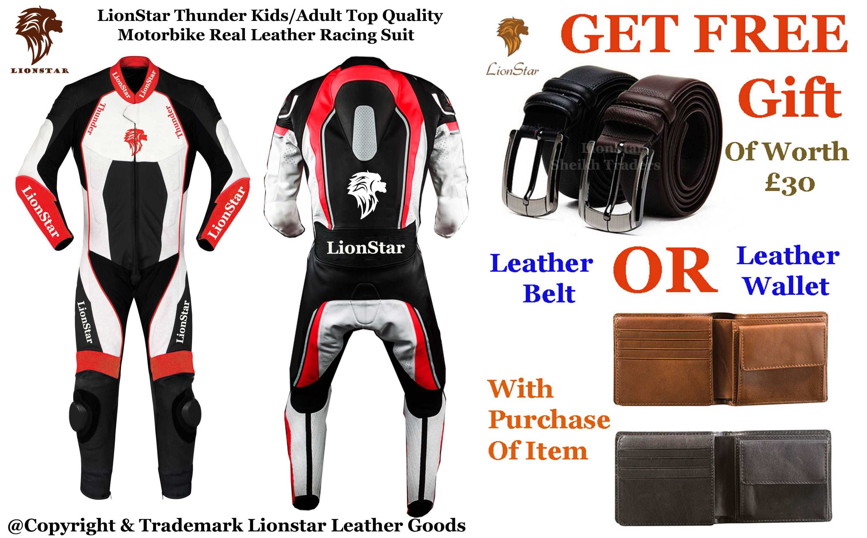 Lionstar Thunder Moto Suit | Black & White Kids & Adult Racing Leathers