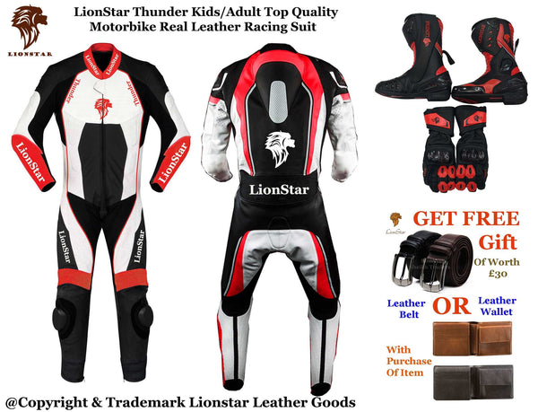 Lionstar Thunder Moto Suit | Black & White Kids & Adult Racing Leathers