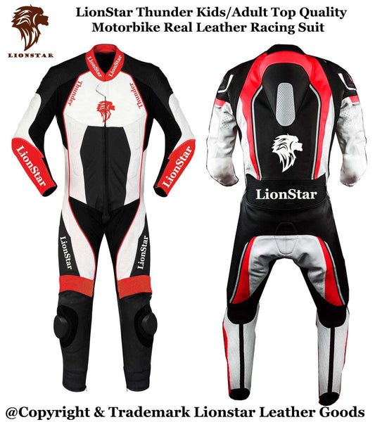 Lionstar Thunder Moto Suit | Black & White Kids & Adult Racing Leathers
