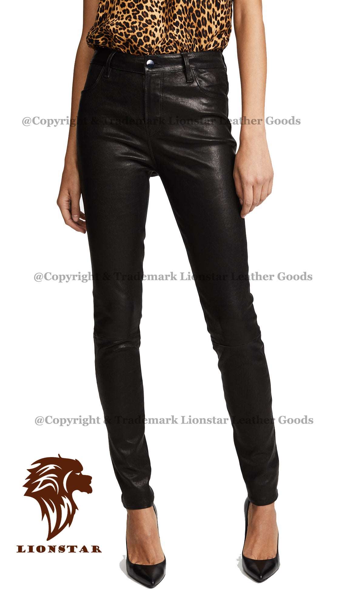 Lionstar Women's Sheepskin Leather Moto Pants (Black, Tiger)