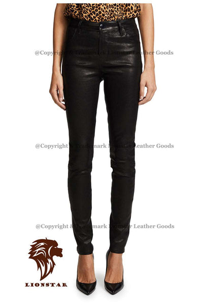 Lionstar Women's Sheepskin Leather Moto Pants (Black, Tiger)