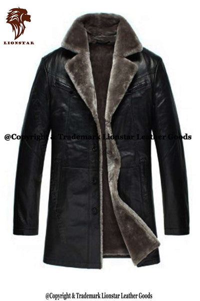 LionStar Winter men's leather overcoat with fur lining and pockets