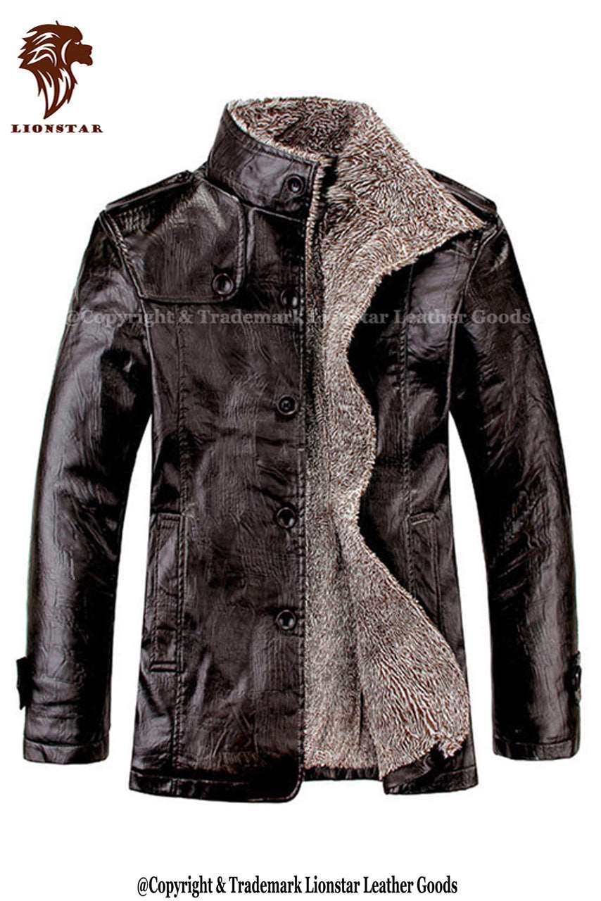 Lionstar Men's Cowhide Leather Peacoat - Fur Collar Winter Topcoat