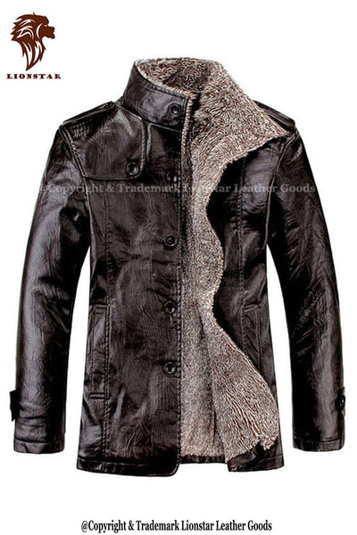 Lionstar Men's Cowhide Leather Peacoat - Fur Collar Winter Topcoat