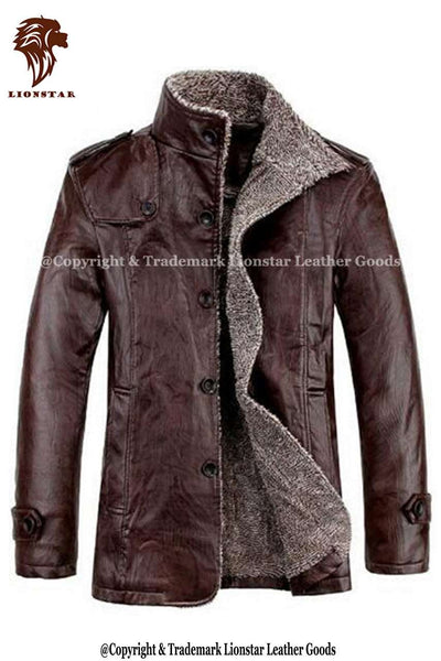 Lionstar Men's Cowhide Leather Peacoat - Fur Collar Winter Topcoat