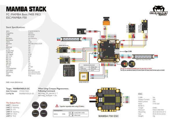 Mamba Basic F405 F50 Mk3 Flight Stack (30x30) (F4 FC, 50A ESC)