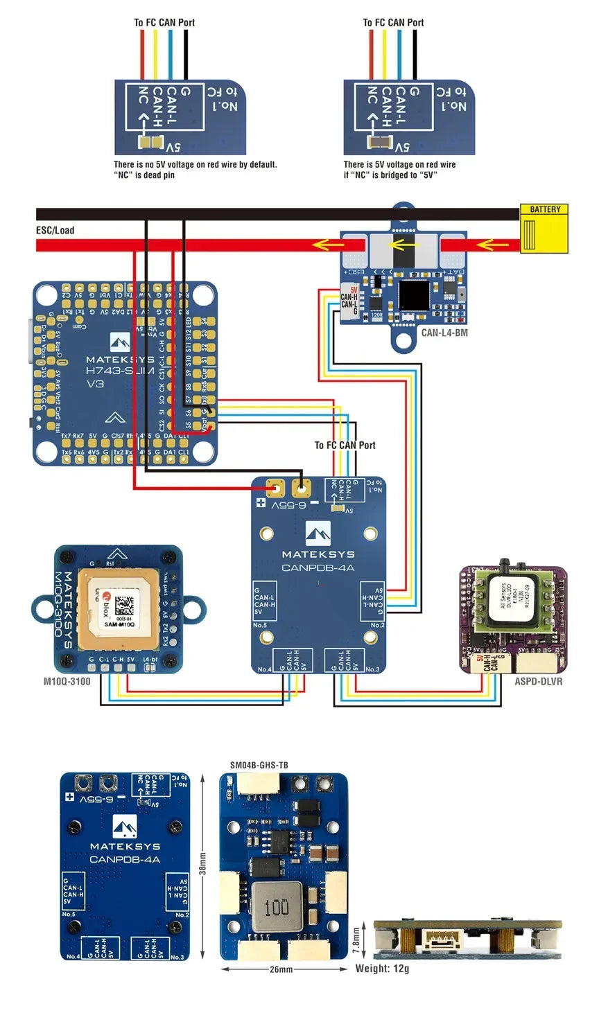 Matek CANPDB w/ 4A BEC & JST-GH Splitter