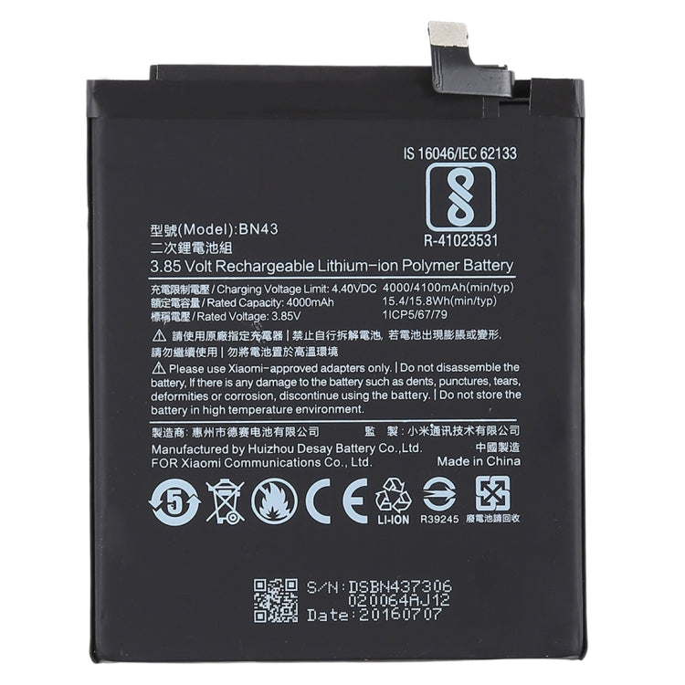 4000mAh BN43 for Xiaomi Redmi Note 4X Li-Polymer Battery, For Redmi Note 4X