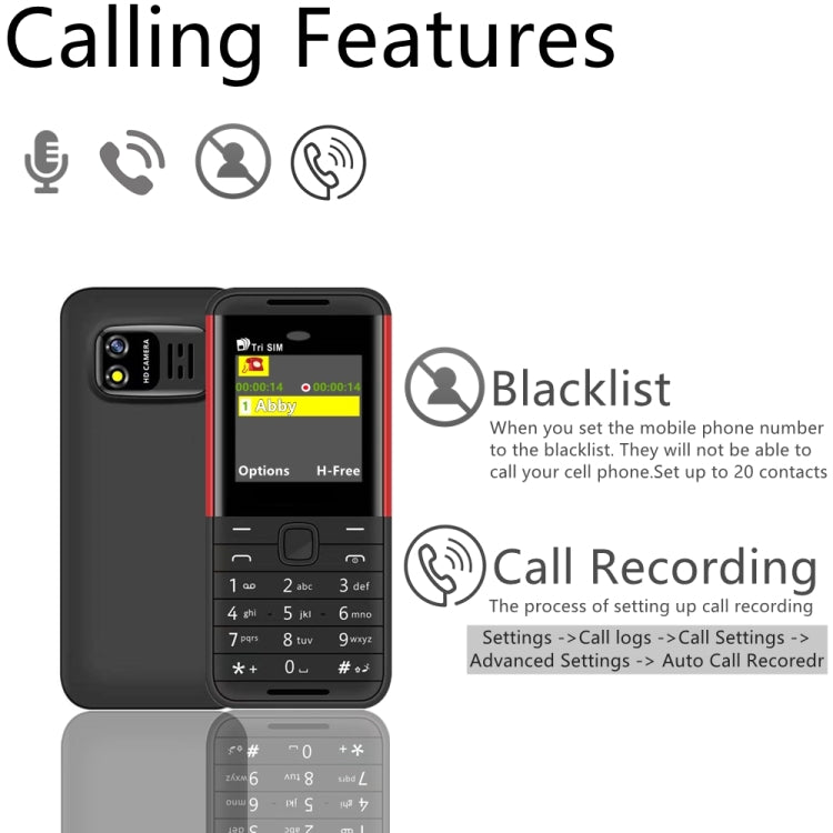1.33 inch, MTK6261D, 21 Keys, Support Bluetooth, FM, Magic Sound, Auto Call Record, GSM, Triple SIM
