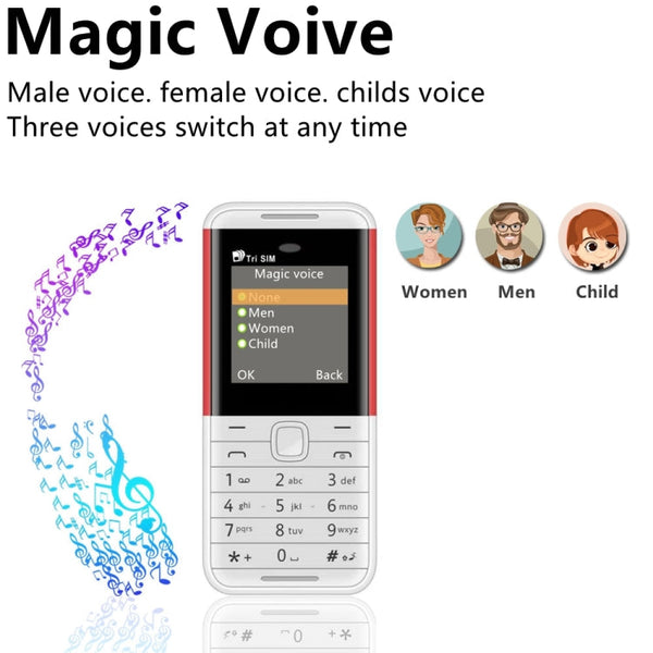 1.33 inch, MTK6261D, 21 Keys, Support Bluetooth, FM, Magic Sound, Auto Call Record, GSM, Triple SIM