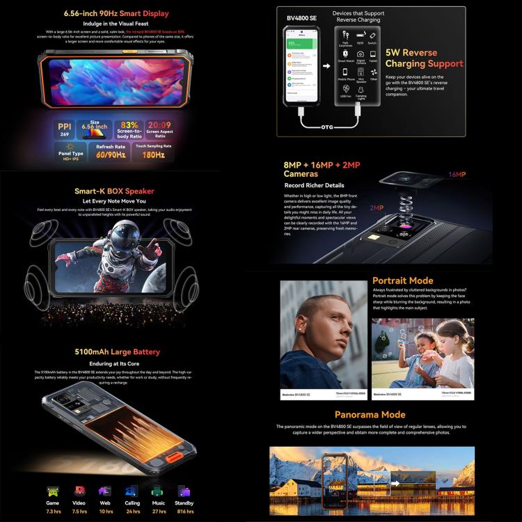 Blackview BV4800 SE Rugged Phone, 4GB+64GB, 6.56 inch Android 15 UMS9320E T615 Octa Core, Network: 4G, OTG, NFC