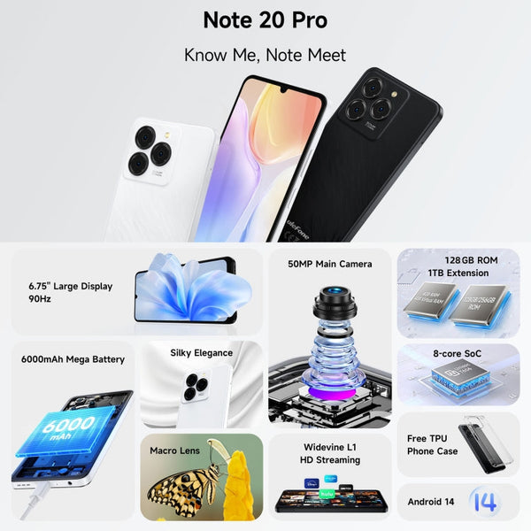 Ulefone Note 20 Pro, 4GB+128GB, Face ID & Side Fingerprint, 6000mAh, 6.75 inch Android 14 Unisoc T606 Octa Core, Network: 4G, Dual SIM, OTG