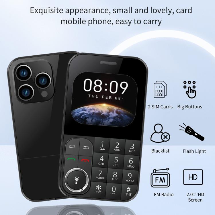 V9 Card Mobile Phone, 2.01 inch, MTK6261D, Support Bluetooth, FM, Torch, GSM, Dual SIM