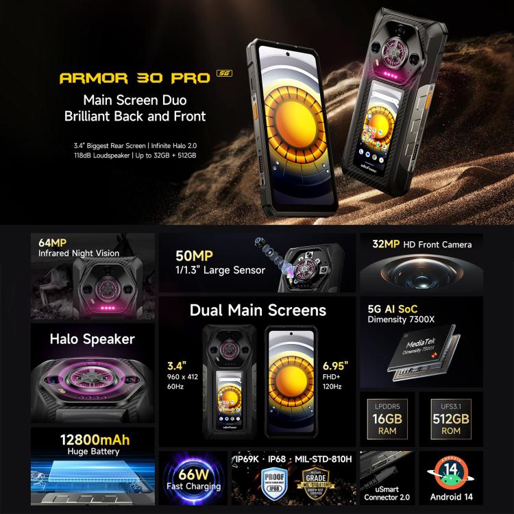 Ulefone Armor 30 Pro Rugged Phone, 16GB+512GB, Night Vision, 6.95 inch + 3.4 inch Dual Screen Android 14 MediaTek Dimensity 7300X Octa Core, Network: 5G, OTG, NFC