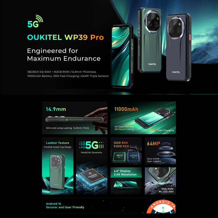 Oukitel WP39 Pro 5G Rugged Phone, 12GB+512GB, Night Vision, Fingerprint Identification, 6.6 inch Android 14 MediaTek Dimensity 6300 Octa Core, NFC, OTG, Network: 5G
