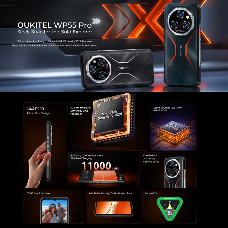 Oukitel WP55 Pro 5G Rugged Phone, 16GB+512GB, 108MP Camera, Fingerprint Identification, 6.6 inch Android 15 MediaTek Dimensity 7025 Octa Core, NFC, OTG, Network: 5G