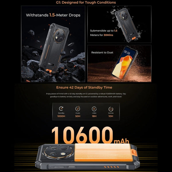 Oukitel G1 Rugged Phone, 6GB+256GB, Fingerprint Identification, 6.52 inch Android 14 T606 Octa Core, NFC, OTG, Network: 4G
