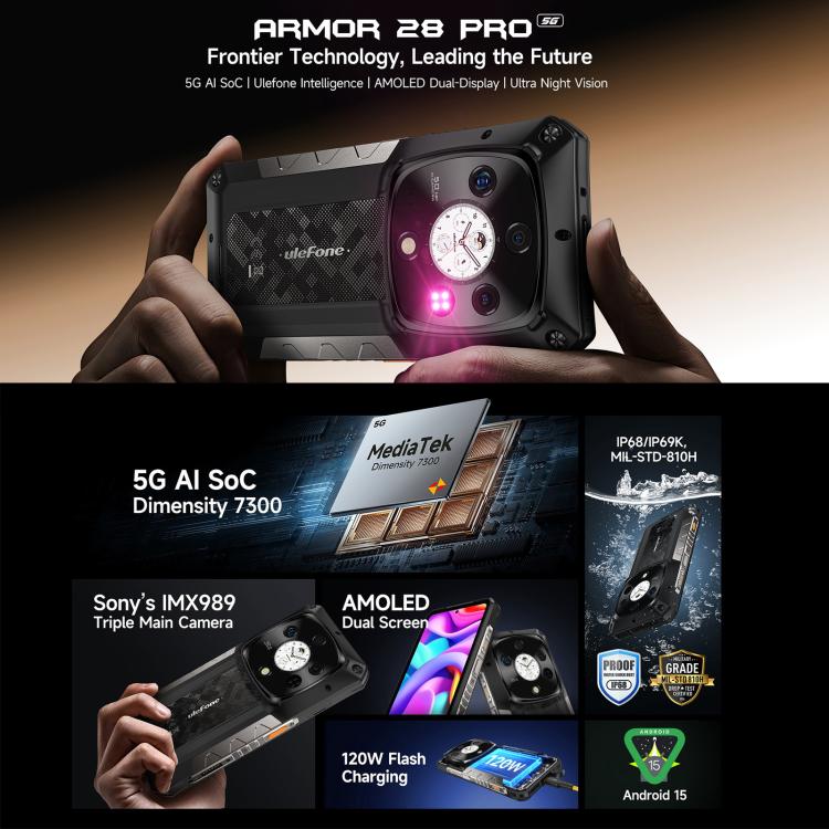 Ulefone Armor 28 Pro Rugged Phone, 16GB+512GB, Night Vision, 10600mAh, 6.67 inch + 1.04 inch Android 15 MediaTek Dimensity 7300 Octa Core, Network: 5G, NFC