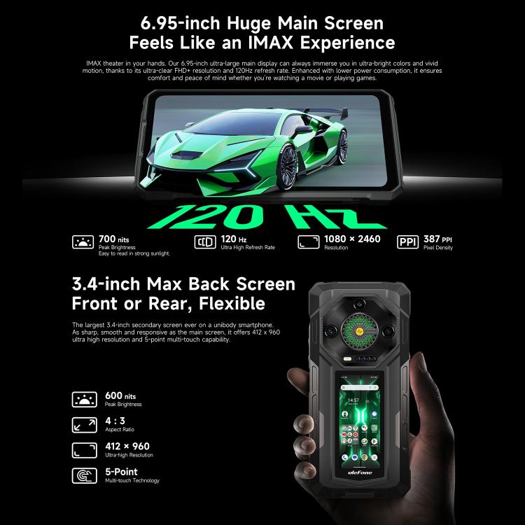 Ulefone Armor 33 Pro Rugged Phone, 16GB+512GB, Night Vision, 6.95 inch + 3.4 inch Dual Screen Android 14 MediaTek Dimensity 7300X Octa Core, Network: 5G, OTG, NFC