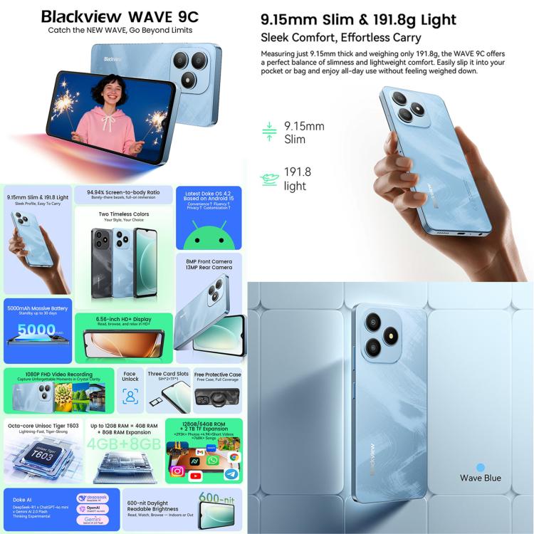 Blackview WAVE 9C, 4GB+64GB, 6.56 inch Android 15 Unisoc T603 SC9863A Octa Core, Network: 4G, OTG