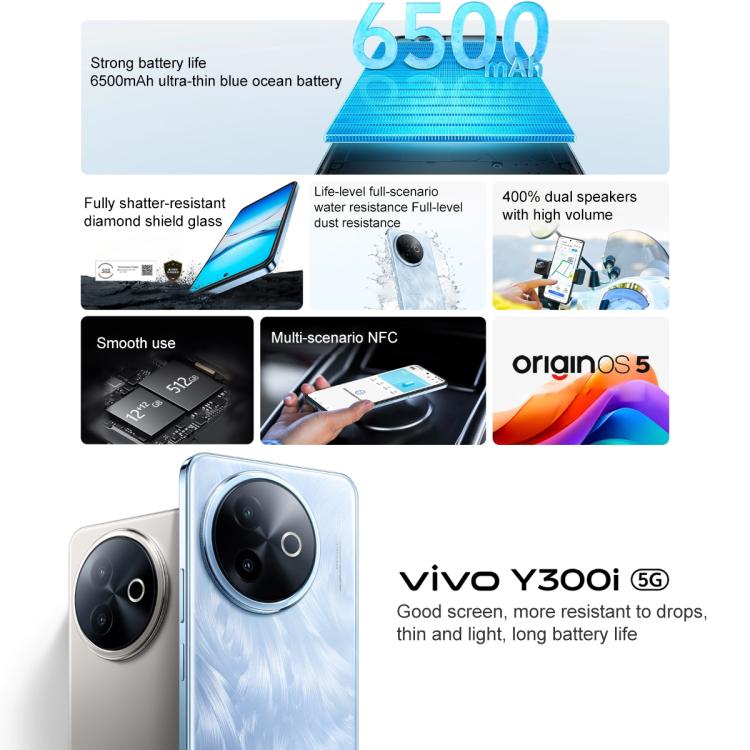 vivo Y300i, 8GB+256GB, Face ID / Side Fingerprint, 6.68 inch Android 15 OriginOS 5 Snapdragon 4 Gen 2 Octa Core, OTG, NFC, Network: 5G