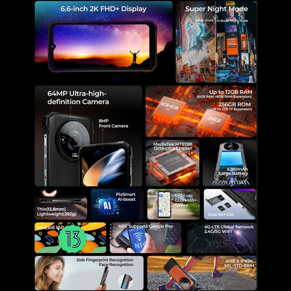 HOTWAV T7 Rugged Phone, 6GB+256GB, 6280mAh, 6.6 inch Android 13 MT8788 Octa Core, Network: 4G, OTG