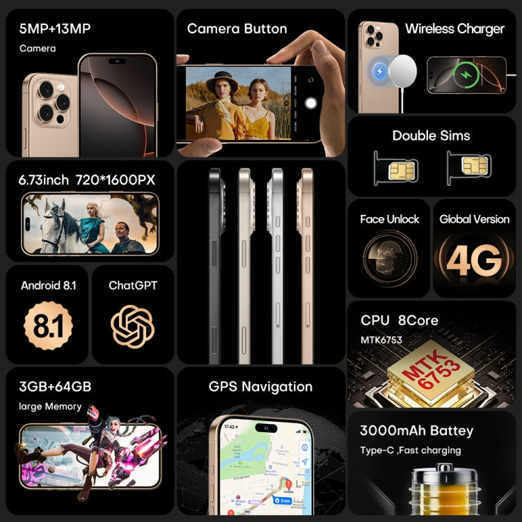 i16 Pro Max / A08A, 3GB+64GB, 6.73 inch Screen, Face Identification, Android 8.1 MTK6753 Octa Core, Network: 4G, Dual SIM, AU Plug